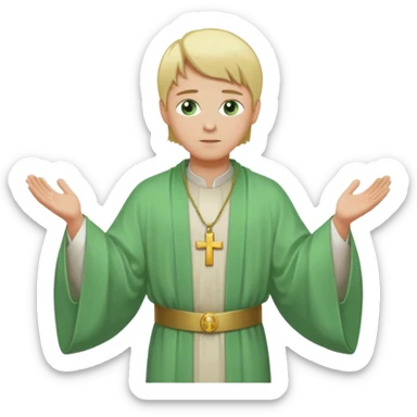 a priest, green eyes, blonde hair, light green wide, flowing outer robe. opening arms, gazing thoughtfully. Soft light, subtle fern. Waist-up, profile. sticker