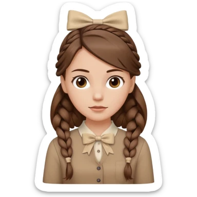 white girl with brown hair, side braid with beige bow at the end, brown blouse sticker