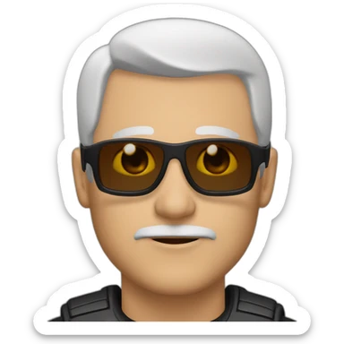 56 year old white man, balled, brown eyes, black motorcycle suit, sunglasses on forehead sticker