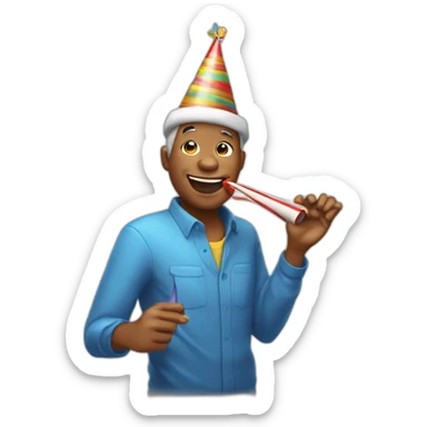Create an emoji featuring a person joyfully wearing a birthday hat and enthusiastically blowing a birthday whistle, capturing the festive spirit of celebration sticker