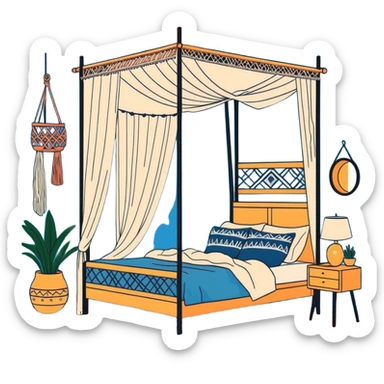 cozy boho bedroom with canopy bed, macramé wall hangings, and warm lighting sticker