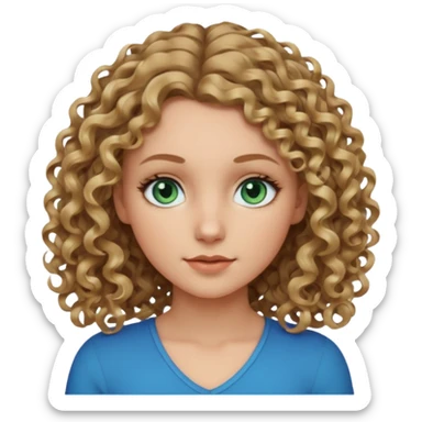 white girl, dark blonde shoulder length curly hair, blue-green eyes, looking to the side sticker