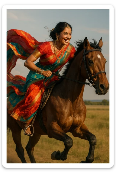 East Indian woman riding a galloping horse, vibrant sari, dynamic motion, expressive face, detailed jewelry, outdoor setting, full body, energetic, cinematic lighting sticker