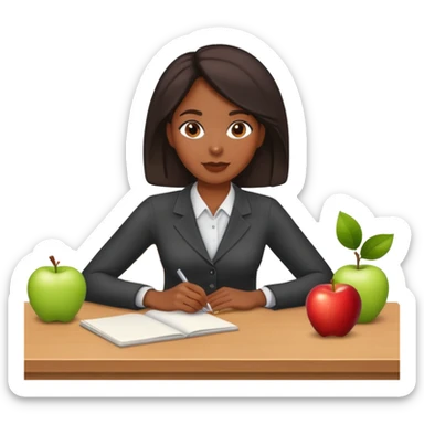 Black female teacher sitting at desk with apple sticker