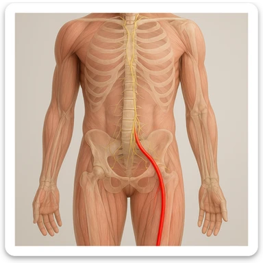 Hyperrealistic anatomical view of sciatica: human body seen frontally, path of the sciatic nerve highlighted in red through the body, muscles and bones transparent, neutral background, 4K quality. sticker