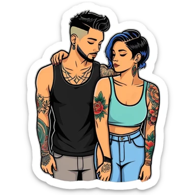 intimate moment between lovers, JetSetFly , photo Realistic Couple with tattoos , Tefi Valenzuela sticker