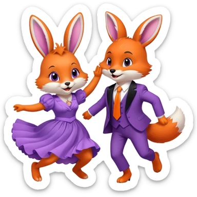 Purple bunny in a dress and fox in a suit dancing  sticker