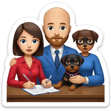 Bald man with beard and sexy brunette girl with blue eyes and their rottweiler dog sign new mortgage agreement  sticker