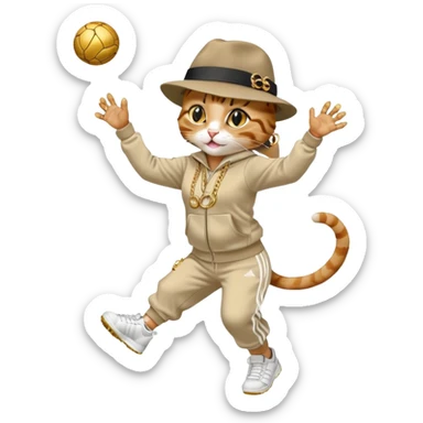 female cat dressed like Run DMC in tracksuit, fedora, Adidas shoes, lots of gold chains, rings, bracelets, earrings, catching a ball high in the air, no sunglasses sticker