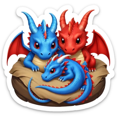 un couple de dragons rouge et bleue trop mignons endormis dans leur tanière. sticker