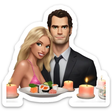 realistic photo of Henry Cavill with a beautiful  victoria secret model on a candle lit sushi date sticker