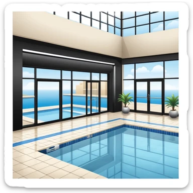 Hotel indoor Pool with entrance door and gym next to it  sticker