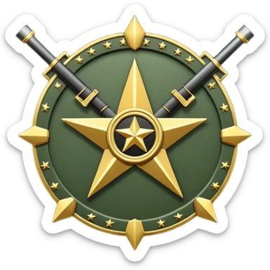 Insignia militar realista para videojuegos de guerra (estilo Delta Force), forma de escudo metálico con bordes desgastados. Incluye:

Símbolo: [fusiles cruzados / águila / estrellas / espada] Insignia redonda con fusil cruzado y una estrella, metal rayado, verde oliva y negro. sticker