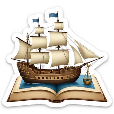 Icon for Reading Fiction: a large open book with pages turning into a sailing ship, with musketeers on horseback, and Sherlock Holmes with a magnifying glass standing nearby. The icon should evoke the adventure and romance of exploring fictional worlds. Transparent background. sticker