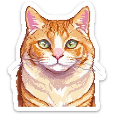 retro pixel art of a cheese-colored tabby cat face, orange and cream fur, big round eyes, pink nose, little smile, front view sticker