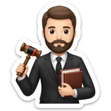Create a male lawyer. he is wearing a fromal suit jckeret. He is holding a gavel in one hand and a book tucked under his another arm. He has beard. And the hair is kinda darker but not black sticker