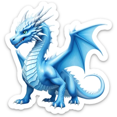 Cinematic Noble wise elegant Ice Dragon full body  Emoji, Poised and imposing, distinct long elegant snout, with a slender, scaled body shimmering in glacial hues of icy blue, frostbitten silver, and crystalline white, breathing out frost, with piercing, glowing ice blue white eyes that radiate the chilling depths of an arctic storm; rendered in detail. excuding wisdom sticker