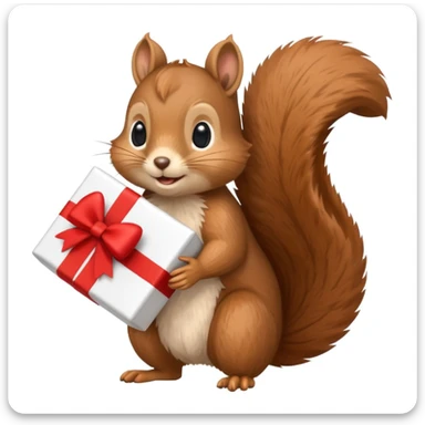 squirrel holding a wrapped gift and a Swiss flag, both objects easy to see, simple white background sticker