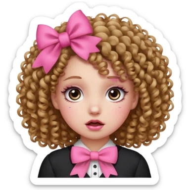 Curly hair girl, Pleading Face emoji, using pink bow sticker