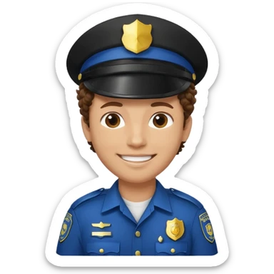a cartoon-style avatar of a police officer with curly brown hair, wearing a black cap sticker