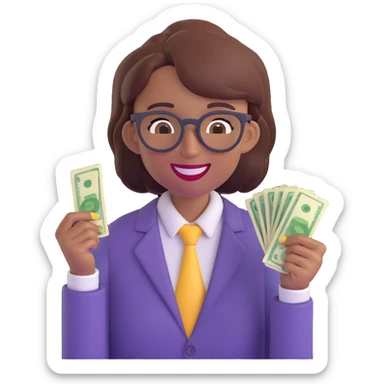cheerful nerdy agender emoji, androgynous, with glasses and a big smile, holding money in one hand sticker