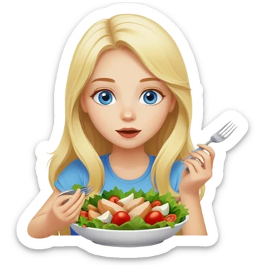 blonde girl with long hair and blue eyes eats salad and eats chicken sticker