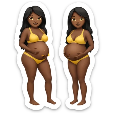 Dark black skin, african black Woman with huge pregnant belly, long hair, yellow bikini, bare midriff, full body, side view, smiling. sticker