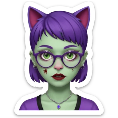 Una mujer zombie con perforacion en la nariz y perforación Madonna, lentes tipo ojo de gato, fleco pequeño y cabello largo morado oscuro  sticker