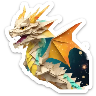 Sparkling patterned Beige Origami dragon with a dried flower crown made of newspapers intricate patterns surrounded by fairy lights nebula galaxy stars swirls iridescent orange cyan yellow sticker