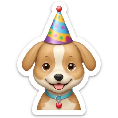 beige short haired dog with a birthday hat sticker
