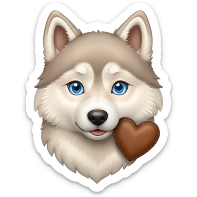 Beige husky with blue eyes holding a brown heart sticker