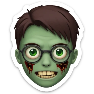 Zombie emo boy, green skin and brown hair and eyes, black glasses and a scary smile with a cut on the side, scars and blood under eyes sticker