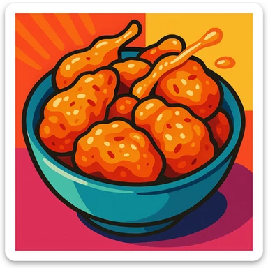 honey chicken, appetizing, golden brown, glazed, in a bowl, food illustration, vibrant toon style sticker