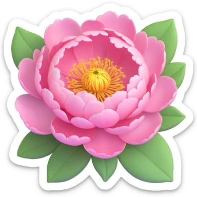 A pink peony flower in 3D iOS style with green leaves, detailed petals, and a soft, vibrant color scheme. sticker