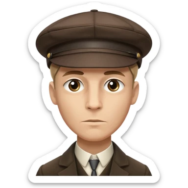 A man wearing a peeky blinders style hat with a hopeful expression. sticker