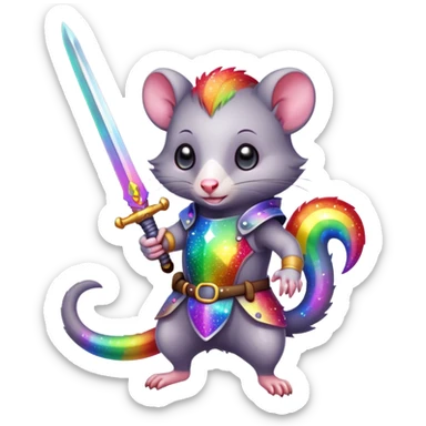 Colorful possum holding a sword with rainbow sparkles sticker
