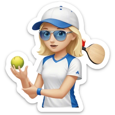 Girl with blond hair and blue eyes wearingp a white baseball cap and sunglasses playing pickleball sticker