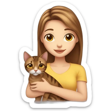 a beautiful girl with blue eyes and brown hair is holding a Bengal cat with yellow eyes in her arms sticker