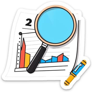 cartoon magnifying glass examining a negative trend chart sticker