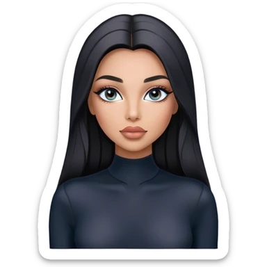 Glamours, tanned, very beautiful girl, with big pump peach-beige-rose lips, long long lashes, black straight smooth silky long hair, straight parting hair, blue-grey eyes in black long-sleeves bodysuit sticker