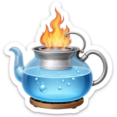a small pot or kettle filled with water placed on fire, the water is boiling intensely with visible steam and bubbles rising, bright lighting, clean white background



 sticker