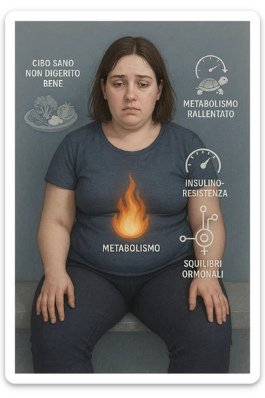 Donna tra i 25 e i 35 anni con fisico leggermente gonfio e postura affaticata, seduta con sguardo stanco. In trasparenza sul suo corpo, si vedono elementi simbolici: una fiamma metabolica molto piccola nel centro dell’addome, una tartaruga accanto a un simbolo di orologio rallentato, indicatori visivi di insulino-resistenza e squilibri ormonali. Intorno a lei: cibo sano non digerito bene, attività fisica poco efficace. Colori spenti attorno al corpo, con toni freddi e lentezza visiva. Stile realistico con elementi infografici e simbolici integrati IN ITALIANO sticker