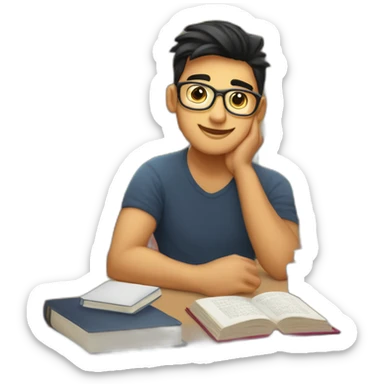 joven estudiante con  con un libro en sus manos y en su cabeza, junto a muchos libros y una lampara y un libro en su cabeza, con muchos libros sticker