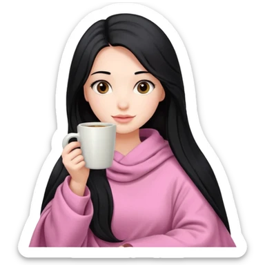 pretty girl with very long black hair, in a pink blanket, holding a coffee mug sticker