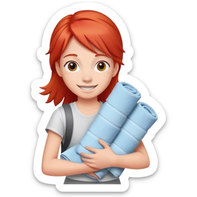 cheerful teenager on the road with red hair carrying a stack of towels in her arms sticker