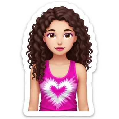 Young adult woman with luminous fair skin, long dark brown curly hair, large almond dark brown eyes, thick lips, wearing bright pink tie-dye tank top, warm friendly expression sticker