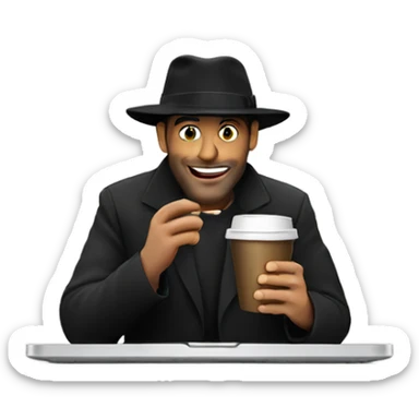 Jewish man black hat drinking coffee and has laptop  sticker