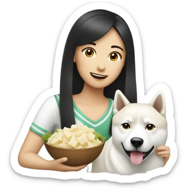 Asian girl with white Akita eating  sticker