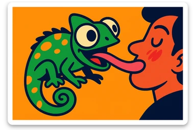 playful cartoon style chameleon with big eyes licking someone's face sticker