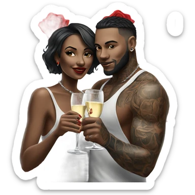 Hyper Realistic tattooed couple drinking champagne with red roses  sticker